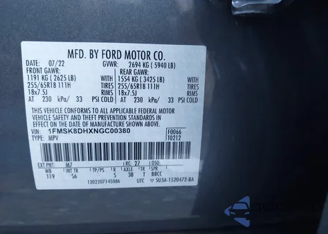 2022 Ford Explorer Xlt from USA, damaged, VIN 1FMSK8DHXNGC00380